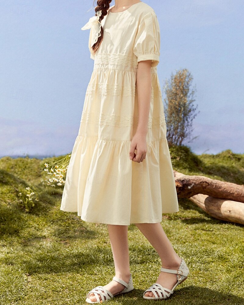 Kids Girls' Dress Solid Color Long Sleeve Outdoor Ruched Mesh Adorable Nylon Knee-length Casual Dress Summer 4 years+ Beige 2025 - $58.99 –P5