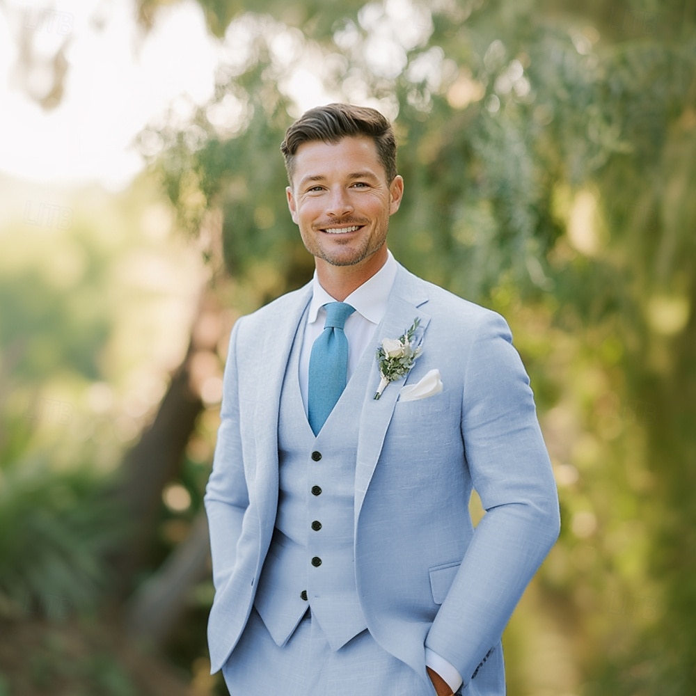 Men's Wedding Linen Suits Sky Blue Summer Formal Solid Colored Standard Fit 3 Piece Single Breasted Two-buttons 2025 - $139.99 –P1