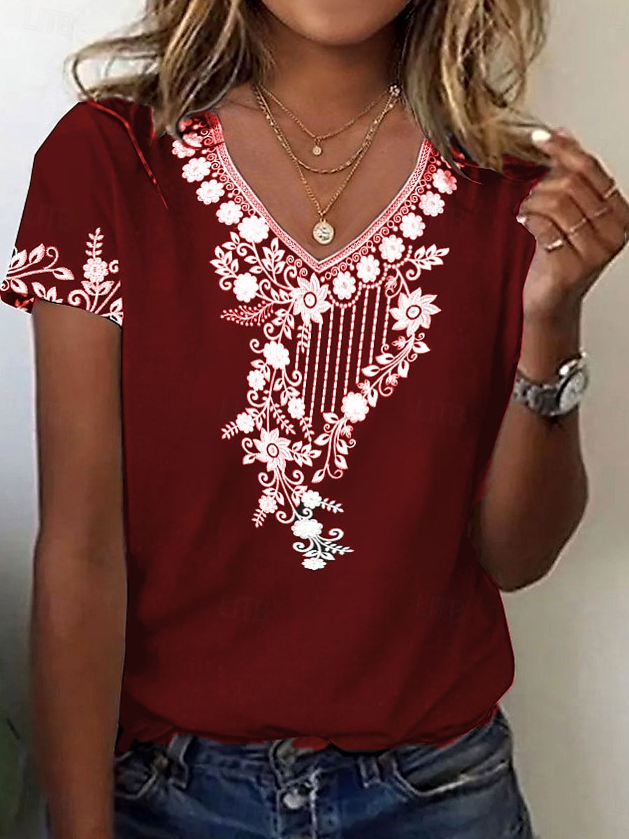 Femmes T-shirt Fleuri Graphique Plantes ancien Élégant Classique Manche Courte Col en V Hauts Réguliers Quotidien Imprimé Noir Vin Vert Été Printemps de 2025 ? $19.99 –P3