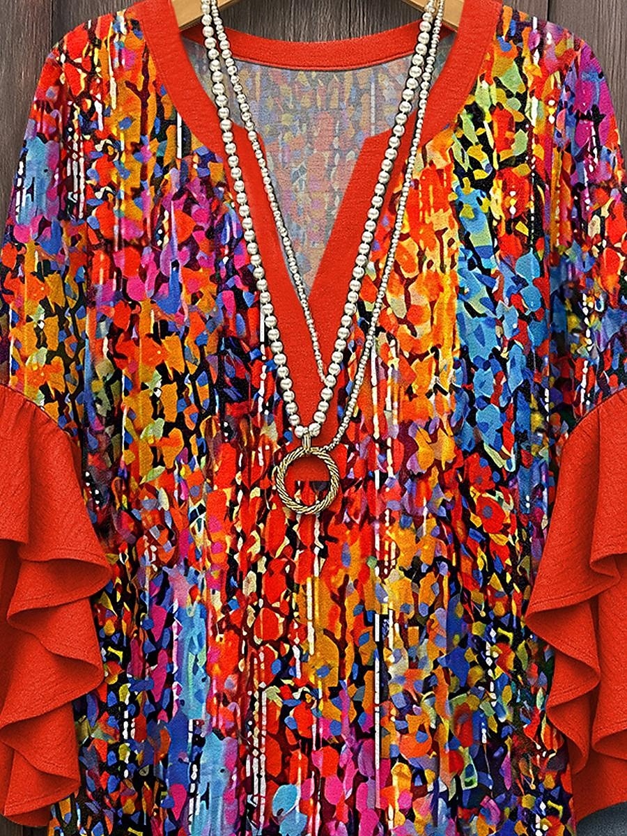 Damen Bluse mit gestuften Rüschensäumen Grafik Geometrisch Abstrakt Täglich Stilvoll Lässig 3/4-Ärmel V-Ausschnitt Reguläre Oberteile Tägliches Urlaubsbekleidung Druck Pink Rot Blau Lila Sommer 2025 - $29.99 –P3
