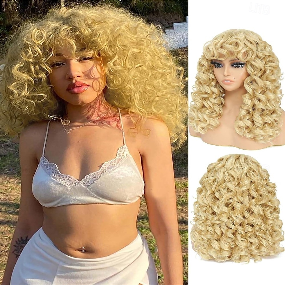 Krullende Pruik Grote Krullende Pruiken voor Witte Zwarte Vrouwen 20 Inch Lange Krullende Afro Pruik met Pony Synthetisch Haar Vervangingspruiken voor Cosplay en Dagelijks Ombre Blonde Halloween 2025 - $27.99 –P10
