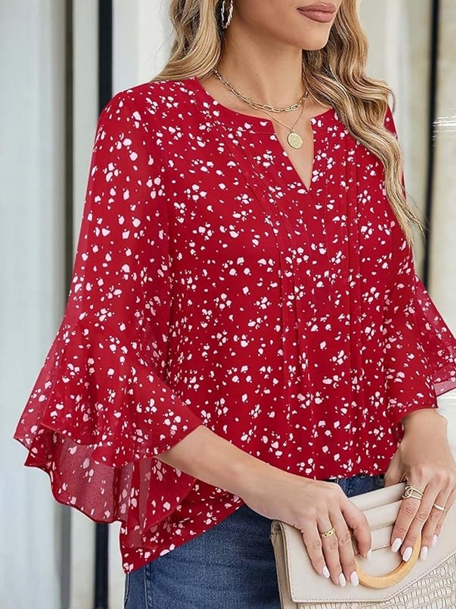 Femmes Chemise Couleur Unie Fleuri Élégant Occasionnel Manche 3/4 Col en V Hauts Réguliers Quotidien A Volants Imprimé Blanche Rose Claire Rouge Vert Été Printemps de 2025 ? $28.99 –P2