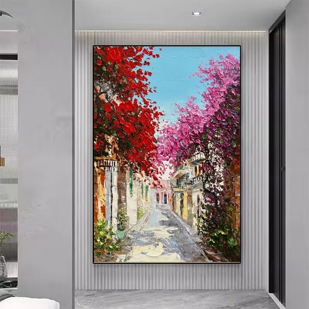 Hand-Painted Mediterranean Alley Oil Painting - Blooming Bougainvillea  Golden forest oil painting handmade autumn oil painting landscape paintings  Wall Art for Living Room Decor 2025 - $77.99 –P2