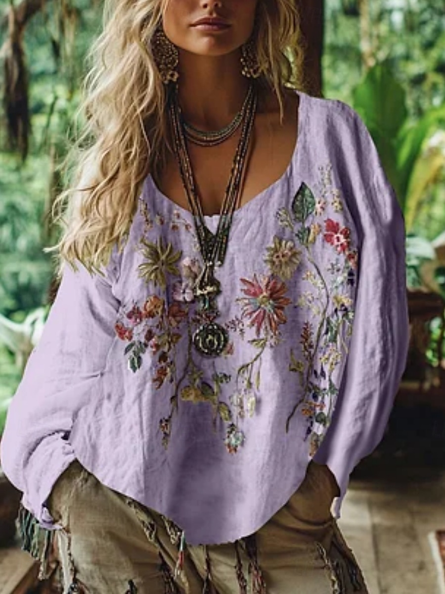 damebluse vestlig bohemsk skjortebluse blomst moderne avslappet langermet v-hals vanlig topper daglig ferie ute trykk hvit rosa blå lilla grønn sommer høst 2025 - $19.99 –P5