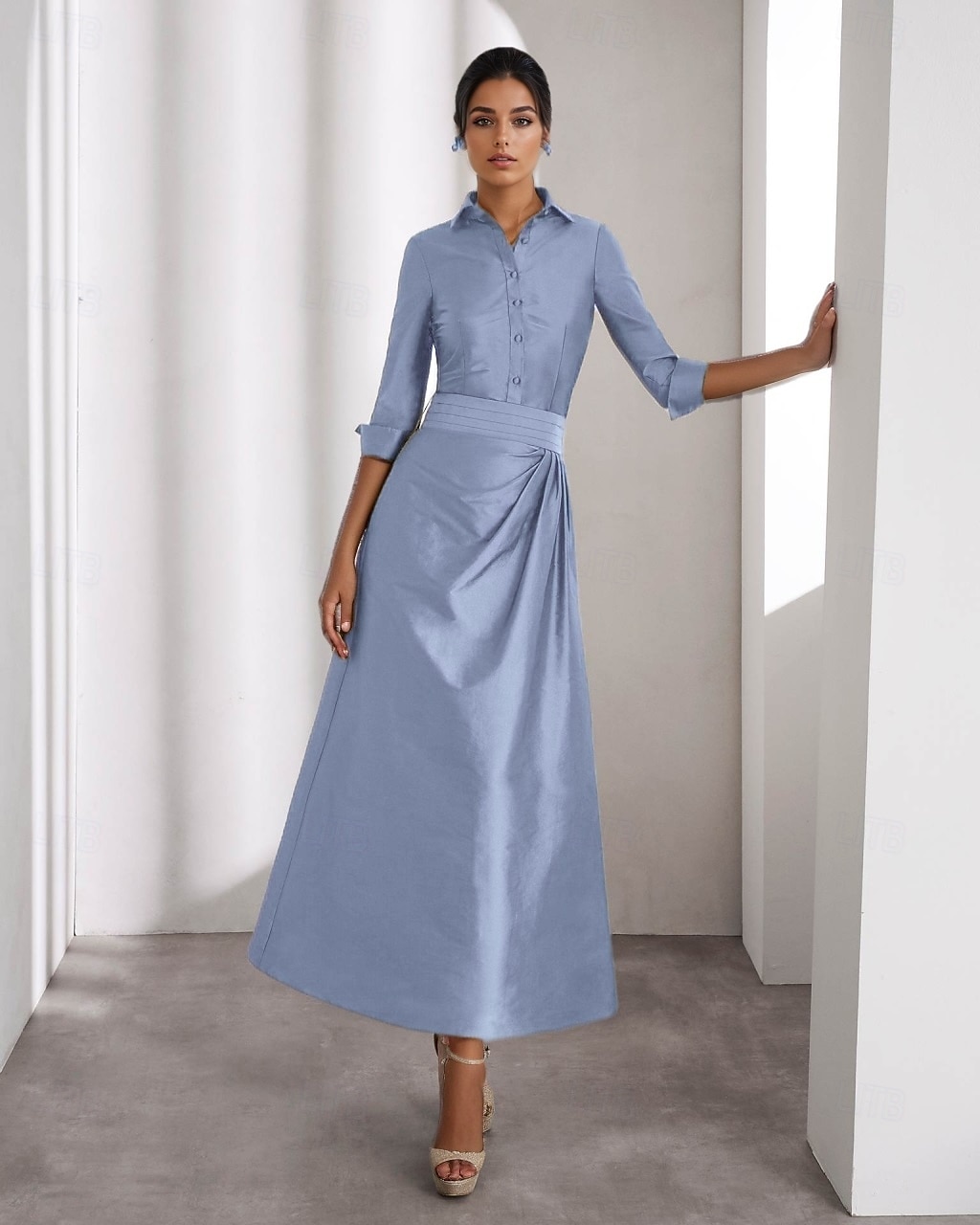 Green Yellow A-Line Cocktail Dresses Elegant Formal Wedding Guest Ankle Length Long Sleeve Shirt Collar Taffeta with Slit 2025 - $132.99 –P4