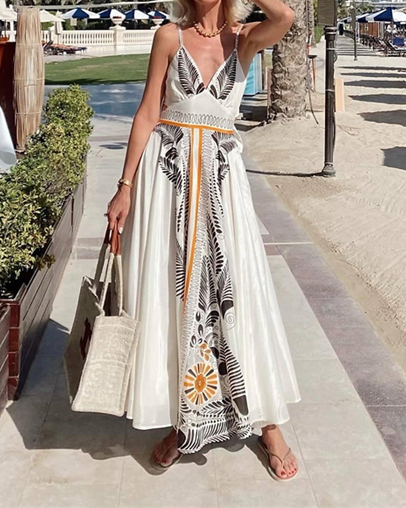 Dam Långklänning Maxiklänning Klänningar i bomullslinne Vardagsklänning Slipklänning Mode Utomhus Fest Helgdag Normal Löv Kortärmad Smala axelband Beige Sommar 2025 - $42.99 –P5