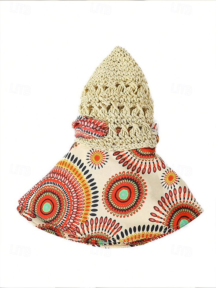 Women's Wide Brim Straw Sun Hat with Colorful Ethnic Print Bow – Boho Style Foldable Beach Hat for Summer Travel and Vacation 2025 - $14.99 –P7
