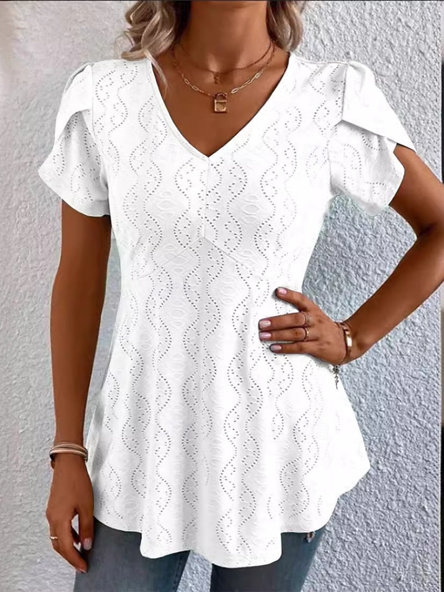 Women's Blouse Solid Color Stylish Basic Casual Short Sleeve V Neck Regular Tops Daily Lace Patchwork Black White Pink Blue Purple Summer 2025 - $17.99 –P1