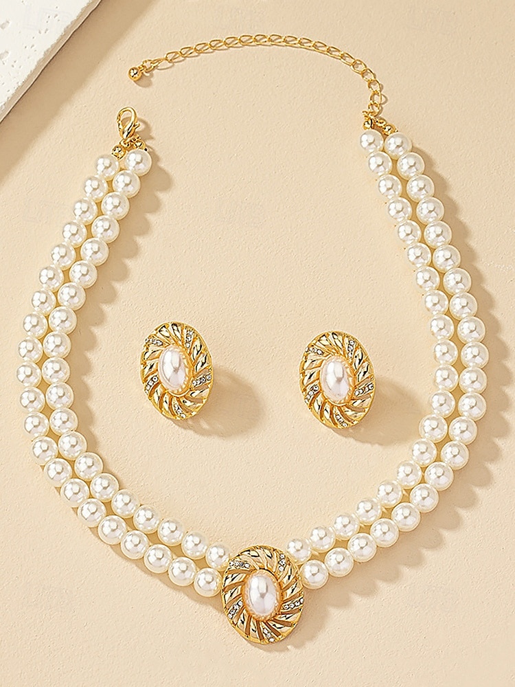 Set colier și cercei vintage pentru femei, cu perle – bijuterii elegante din mărgele duble și accente ovale aurii pentru doamne, ideale pentru nunți, petreceri și ocazii formale 2025 - $14.99 –P5