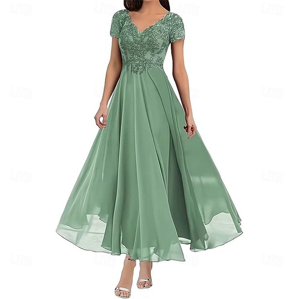 A-Linie Brautmutterkleid Elegant V Ausschnitt Bodenlang Polyester Kurzarm mit Einfarbig 2025 2025 - $119.99 –P23
