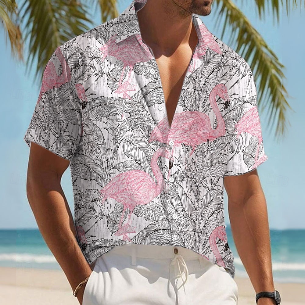 Herren Flamingo Vogel Palmblatt Hemd Sommer Hawaiihemd Knopfhemd Kurzarm Hawaiianisch Resort Urlaub Ferien Strandbekleidung Sommer Frühling Umlegekragen 3D-Druck Hemden mit Kragen Rosa Blau Grün 2025 - $23.99 –P1