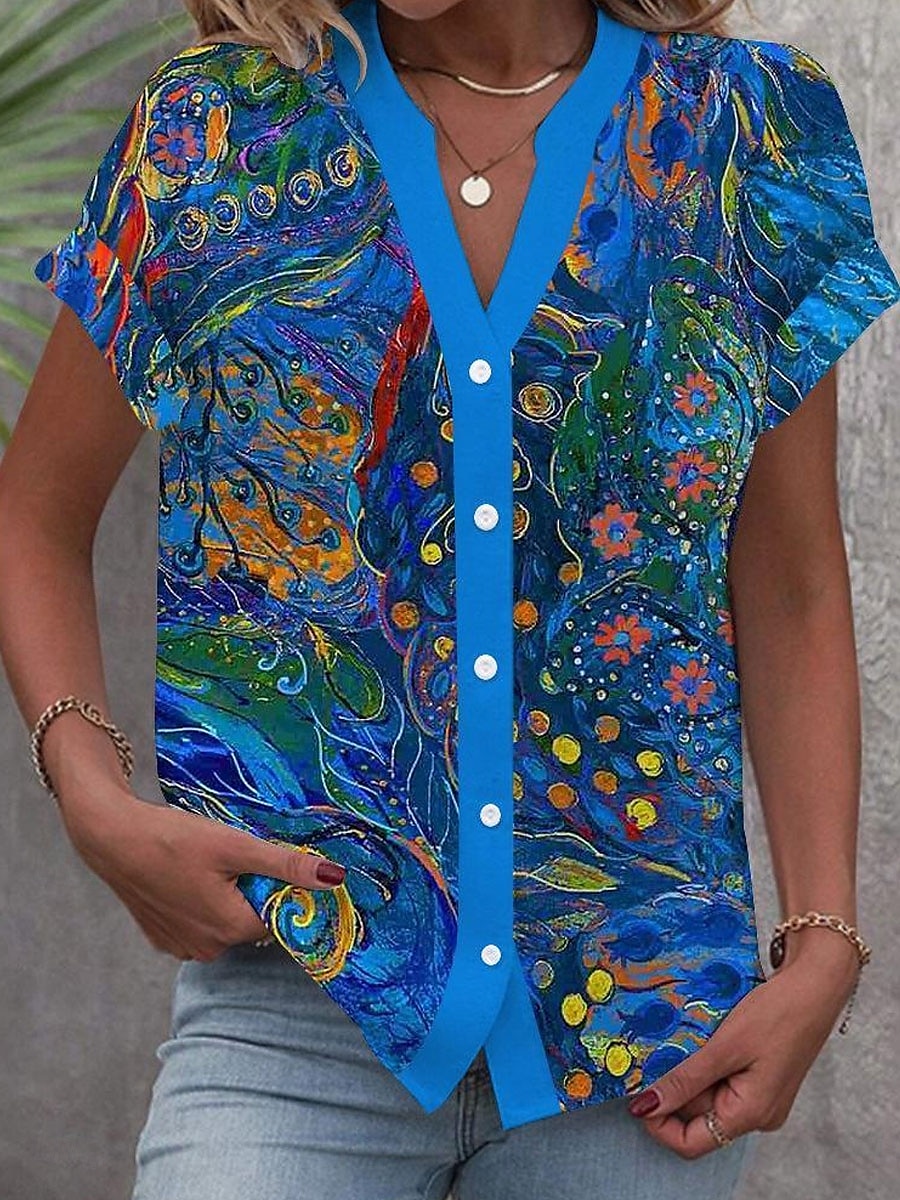 Dame Bluse Blomstret Grafisk Årgang Stilfull Fritid Kortermet V-hals Vanlige topper Daglig Knapper Trykt mønster Blå Lilla Grønn Sommer Vår 2025 - $29.99 –P1