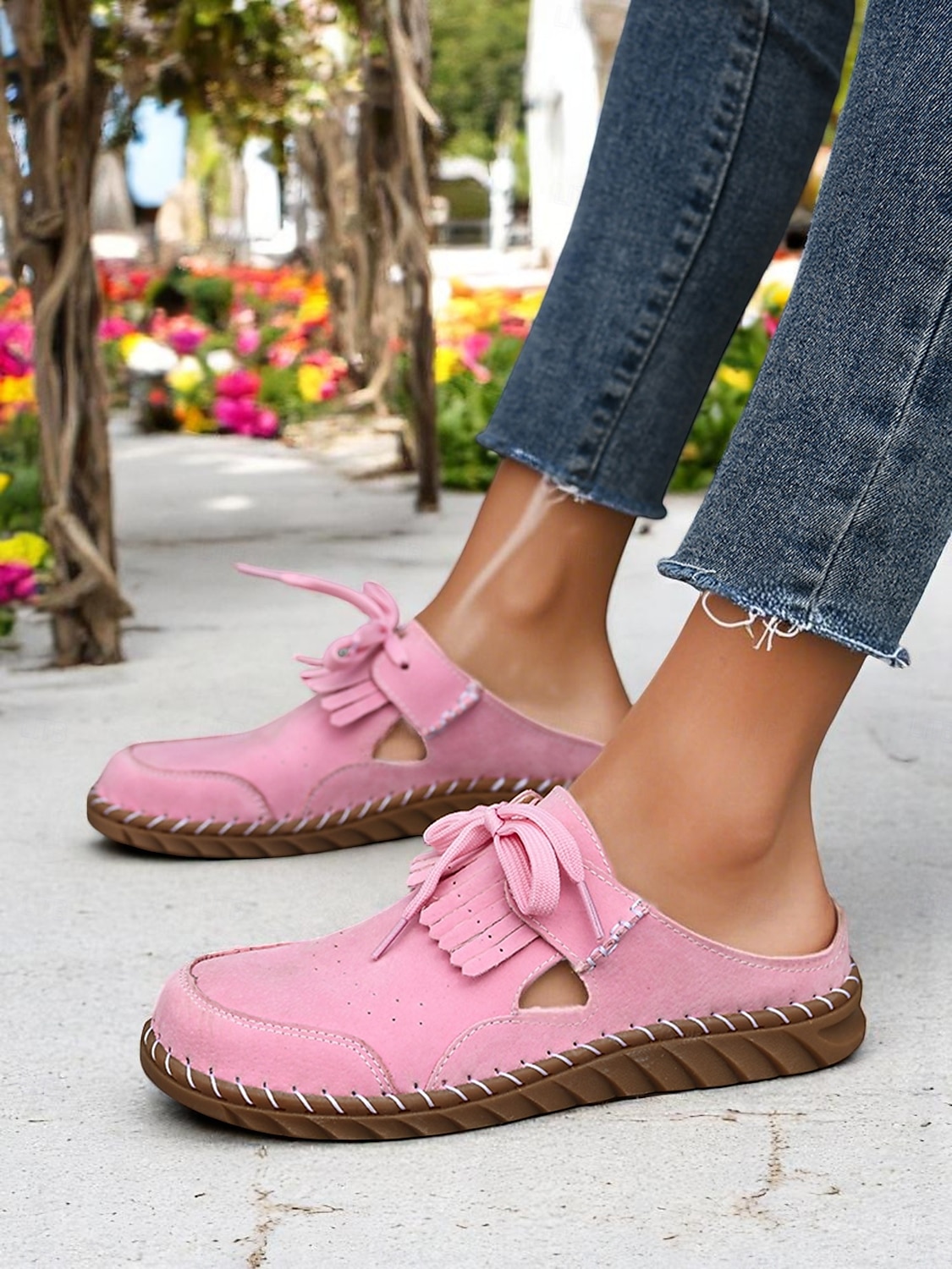 Women's Soft Sole Moccasin Mules– Pink Loafers with Fringed Detail, Lightweight Slip-On Design with Cutouts, Perfect for Garden Strolls and Casual Outings 2025 - $32.99 –P7