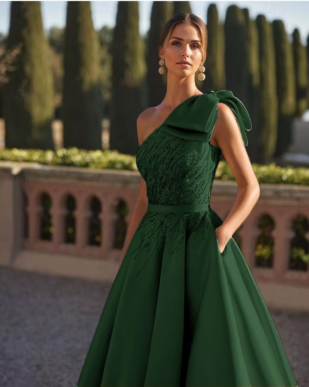 A-Linje Kveldskjole Elegant Kjole Formell Bryllup Gulvlengde Uten Ermer One Shoulder Sateng med Glitter Sløyfe(r) Perler 2025 - $229.99 –P7