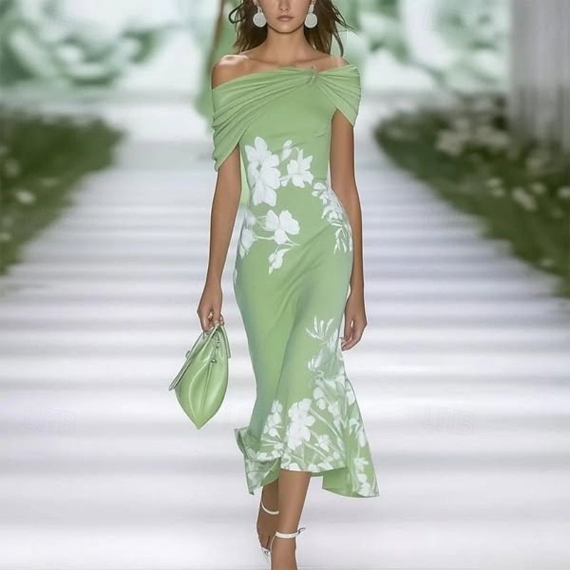 Women's Midi Dress Floral Dress Elegant Fashion Outdoor Vacation Holiday Regular Fit Flower Short Sleeve Off Shoulder Black Light Green Light Blue Summer 2025 - $26.99 –P2