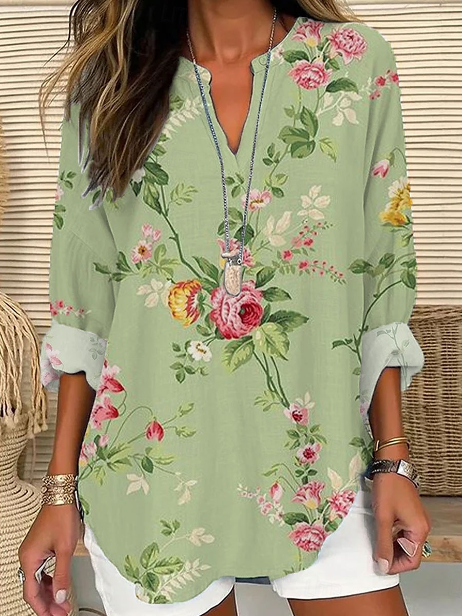 Damenbluse Langarm Tunika Tops Floral Graphic Elegant Stylisch V-Ausschnitt Reguläre Tops Tägliche Urlaub Druck Blau Grün Sommer Frühling 2025 - $24.99 –P2