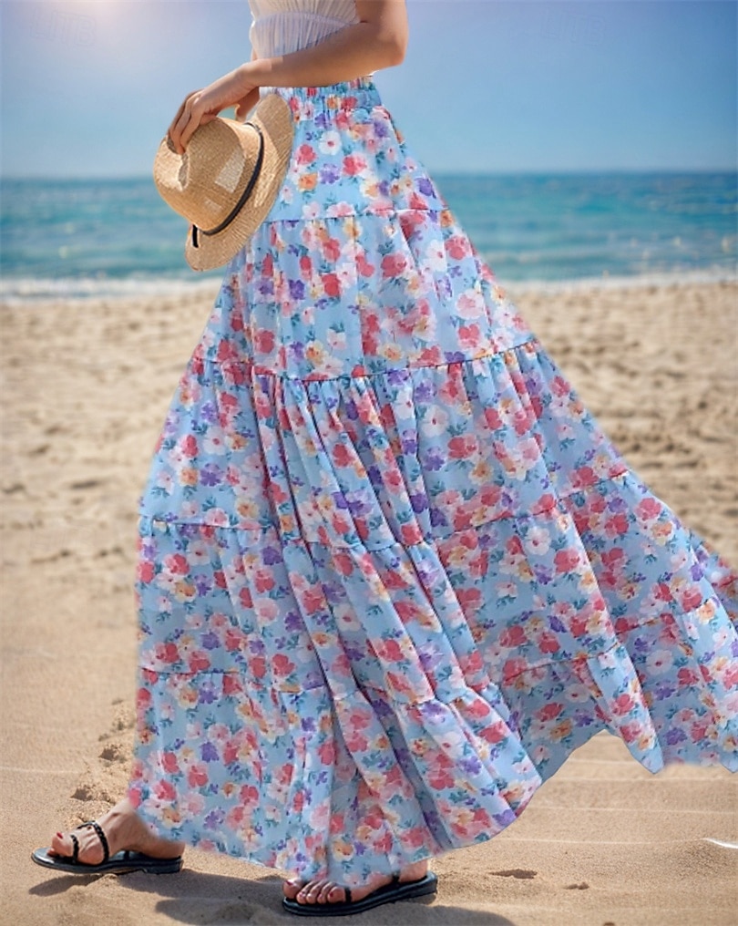 Dame Asiatisk størrelse الالتفاف Huske Lang Lengde Høst Maksi Høyt liv Skjørt Blomstret Fargeblokk Multi Layer Chiffon Trykt mønster Mikroelastisk Feriereise Fritid / hverdag Hvit Rosa Rød Blå Sommer 2025 - $27.99 –P3