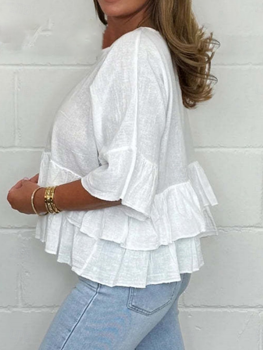 Dame Bluse Helfarge Stilfull Fritid 3/4 ermer Crew-hals Vanlige topper Daglig Drapering Svart Hvit Rosa Grønn Sommer Vår 2025 - $28.99 –P2