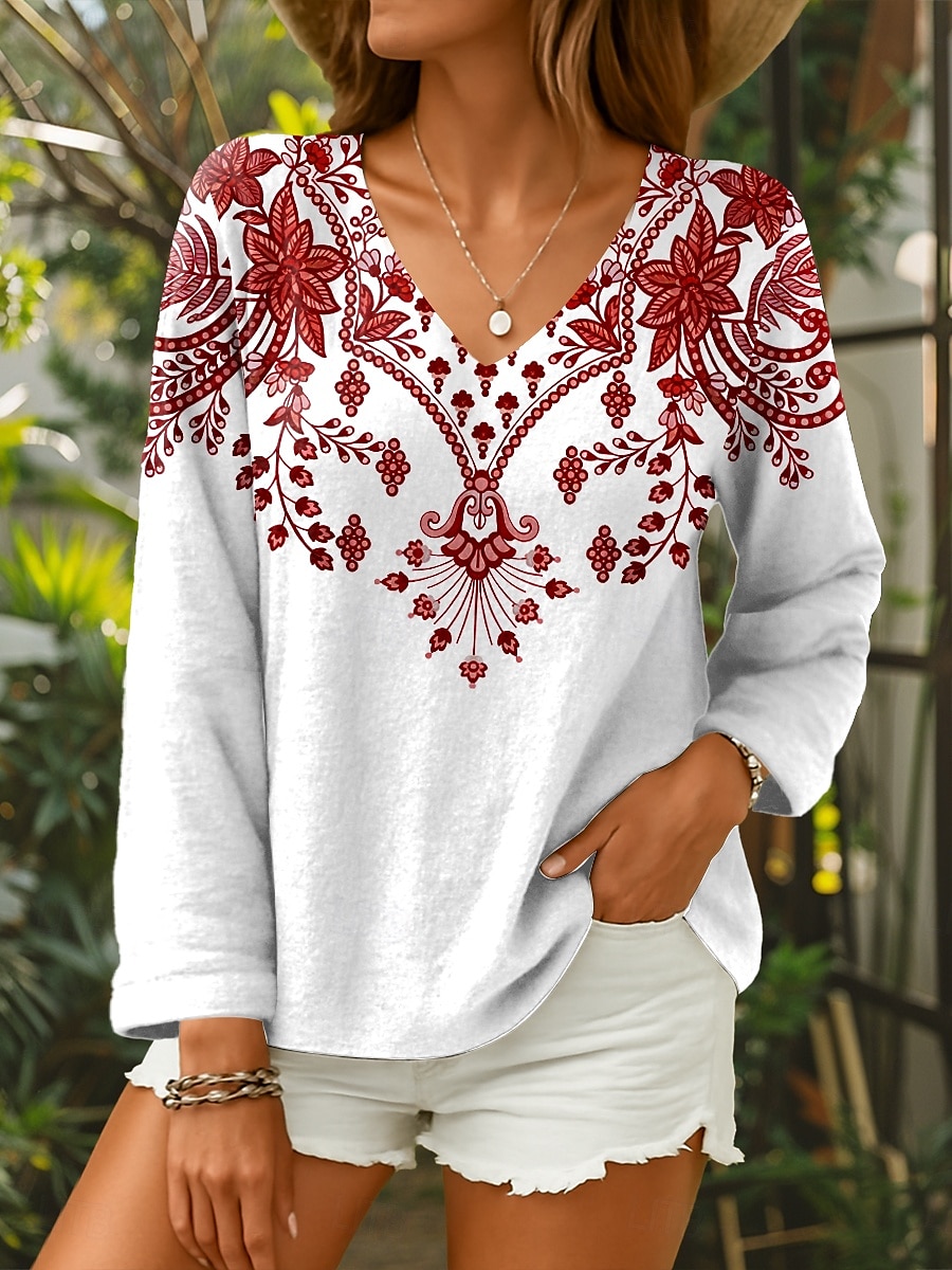 Dame Bluse Blomstret Grafisk Geometrisk Stilfull Fritid Langermet V-hals Vanlige topper Daglig Rød Blå Grønn Sommer Vår 2025 - $24.99 –P4