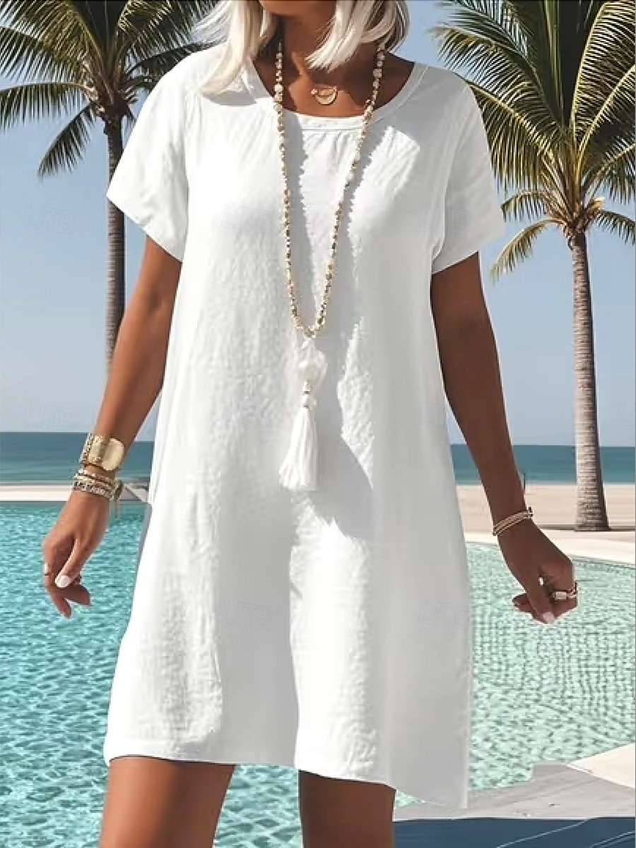 Women's Mini Dress White Dress Cotton Linen Dress Vacation Casual Holiday Form Fit Plain Short Sleeve Crew Neck White Light Blue Summer Spring 2025 - $18.99 –P1