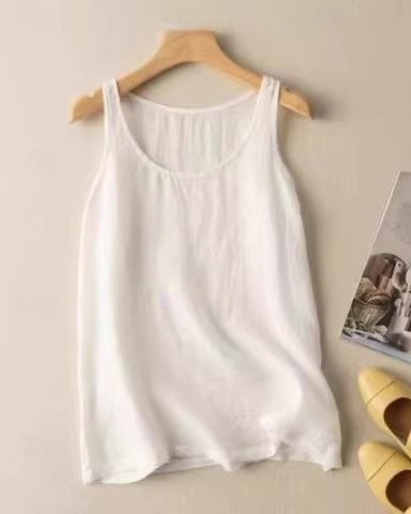 Dame Bomull lin vest Bluse عادي Fritid Ermeløs Crew-hals Vanlige topper Daglig Ferie Hvit Oransje Grønn Kakifarget Sommer 2025 - $19.99 –P5