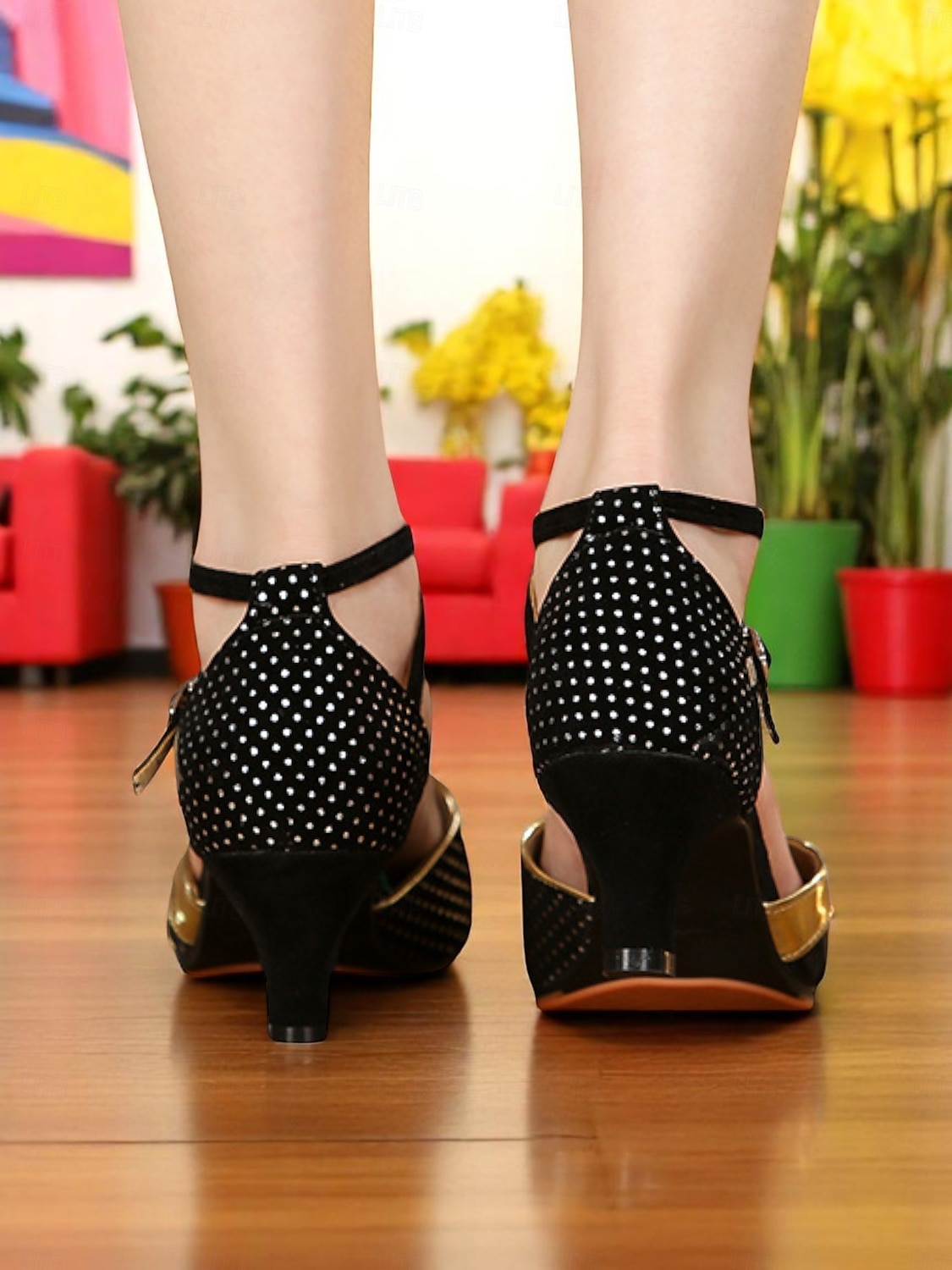 Pantofi de dans negri cu buline și accente aurii pentru femei - tocuri profesionale pentru dansuri latino cu bareta la gleznă pentru artiști și antrenamente de dans 2025 - $29.99 –P1
