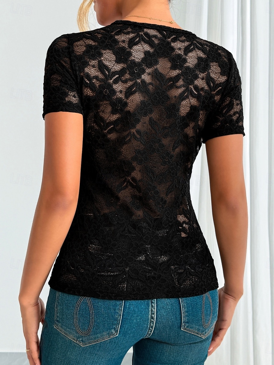Blouse en dentelle pour femmes tops à couleur unie élégant décontracté manches courtes col en V tops réguliers quotidiens patchwork en dentelle noir blanc vert été printemps de 2025 ? $22.99 –P12