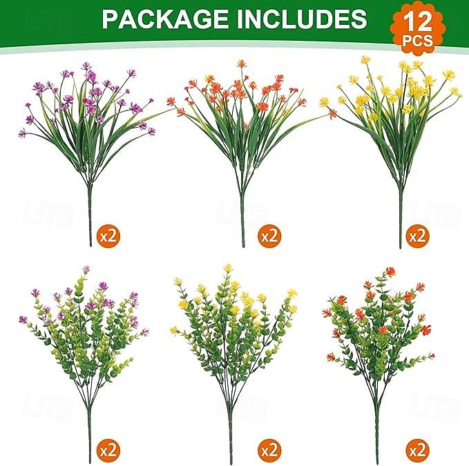 12 maços de flores artificiais para áreas externas, eucalipto artificial, violeta e margarida, plantas artificiais resistentes a raios UV para jardim, decoração de casa, acessórios para fotografia, de 2025 por $17.49 –P2