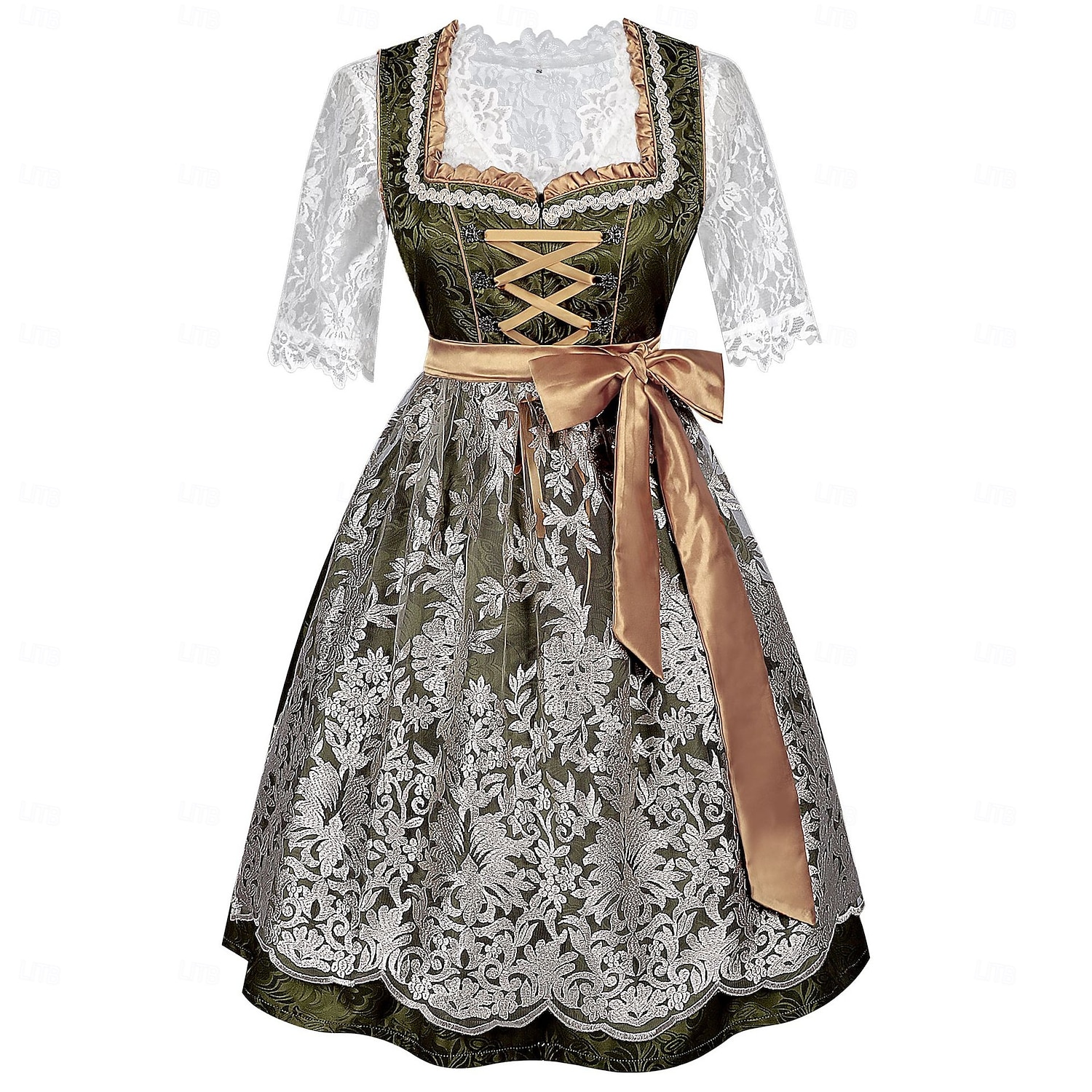Női Zöld Csipkés Dirndl Ruha Köténnyel és Blúzzal Oktoberfest Wiesn Sörfesztiválra 2025 - $73.99 –P1