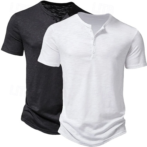 Confezione da 2 magliette da uomo, maglietta Henley, manica corta, tinta unita, stile semplice, moderno, contemporaneo, con bottoni, stile Henley, per le vacanze, stile casual, estivo. del 2025 a $27.99 –P5