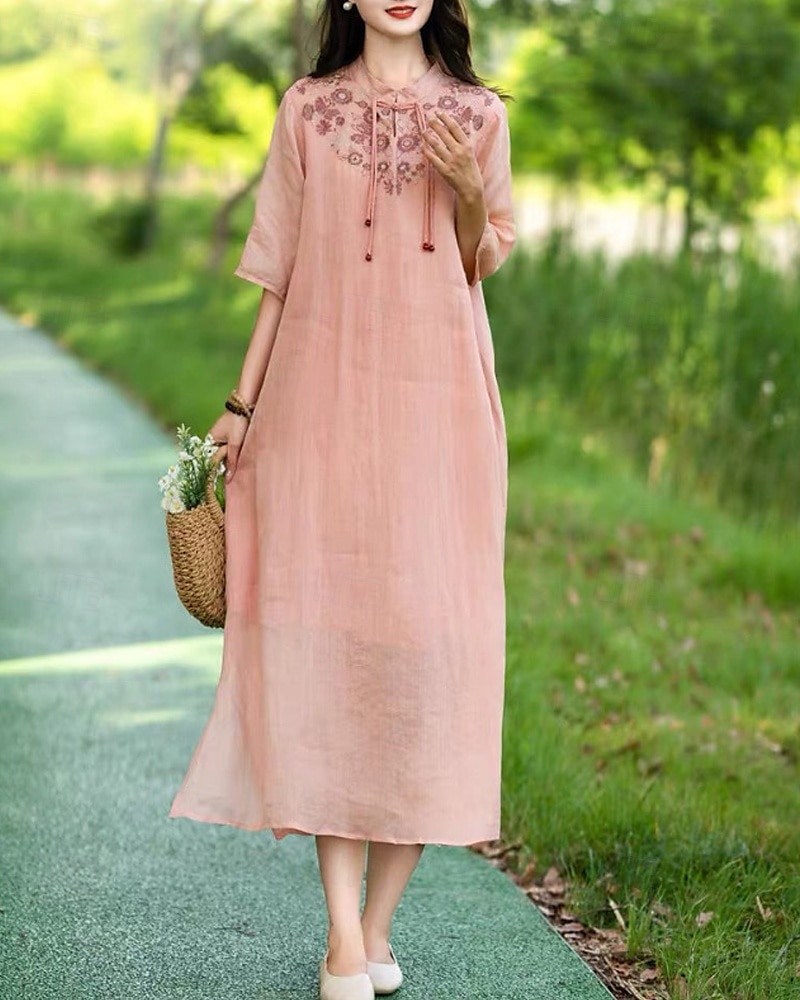 Pentru femei Rochii Midi Rochie din in bumbac Rochie florala Modă Modern Vacanță Zilnic Concediu Fit regulat Floare Manșon Jumate Guler de stand Roz Îmbujorat Albastru piscină Trifoi Caisă Vară 2025 - $28.99 –P12