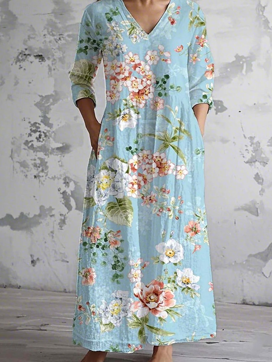 Damen Midikleid A Linie Kleid Sommerkleid Lässig Täglich Normale Passform Blumen Grafik Dreiviertelarm V Ausschnitt Rosa Blau Sommer 2025 - $35.99 –P2