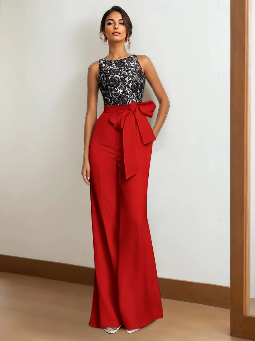 Combinaison / Tailleur-Pantalon Robe de Mère de Mariée  Formel robe demoiselle d honneur Élégant Simple Minimaliste Col ras du cou Longueur au sol Dentelle Tissu Extensible Sans manches avec Ceinture de 2025 ? $132.99 –P3
