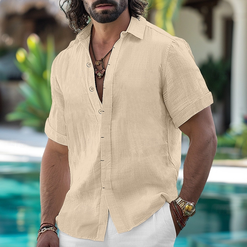 Voor heren Overhemd Linnen overhemd Zomer overhemd Button-down overhemd Normaal shirt Strand hemd Effen Kleur Vakantie Dagelijks Zwart Wit Blozend Roze blauw Korte mouw Kraag Zomer Kleding 2025 - $21.99 –P10