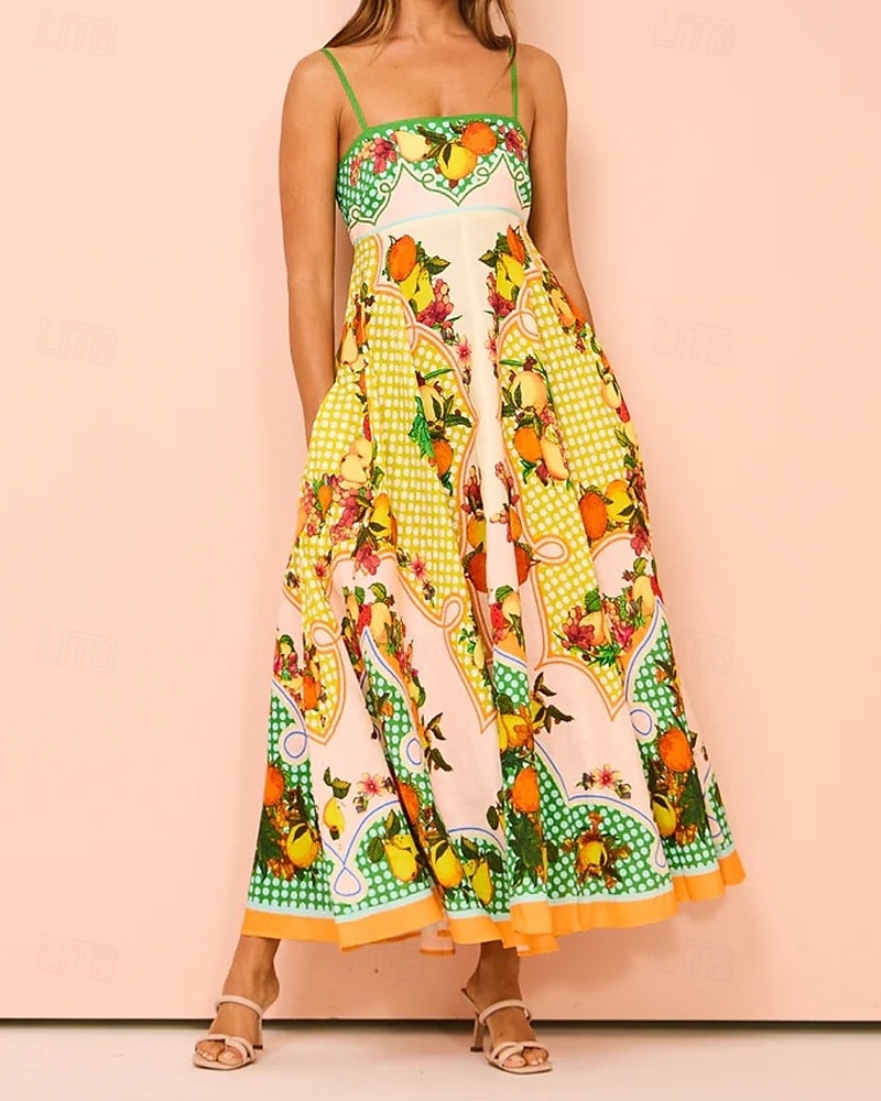 Per donna Abito Lungo Maxi Abito Abiti in cotone e lino Vestito Casual Abito Sottoveste Moda All'aperto Feste Ferie Vestibilità regolare Frutta Senza Maniche Spalline sottili Giallo Estate del 2025 a $38.99 –P3