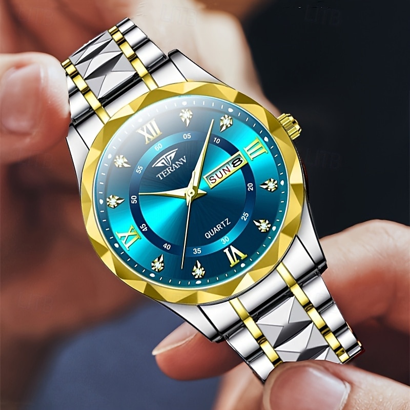 Dois mostradores romanos redondos com diamantes aquáticos, mostrador luminoso, relógio de casal ipx7 à prova d'água, relógio de quartzo com calendário e data, pulseira de aço inoxidável elegante, de 2025 por $29.99 –P8