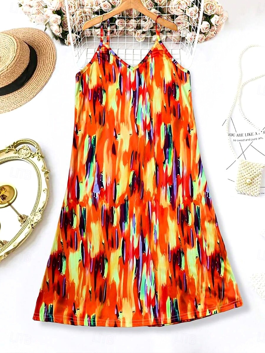 Femmes Mini Robe Robe trapèze Robe d'été Robe Nuisette Vacances Occasionnel Coupe régulière Graphique Bloc de Couleur Abstrait Sans manches Col en V Bleu Orange Été Printemps de 2025 ? $21.99 –P4