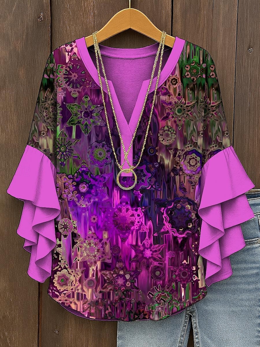 Damen Retro-Bluse mit geschichteten Rüschärmel Vintage Grafisch Abstrakt Bohemia Vintage Tägliche 3/4-Ärmel V-Ausschnitt Reguläre Tops Tägliche Urlaubsferien Bekleidung Print Rot Blau Lila Grün Sommer 2025 - $29.99 –P5