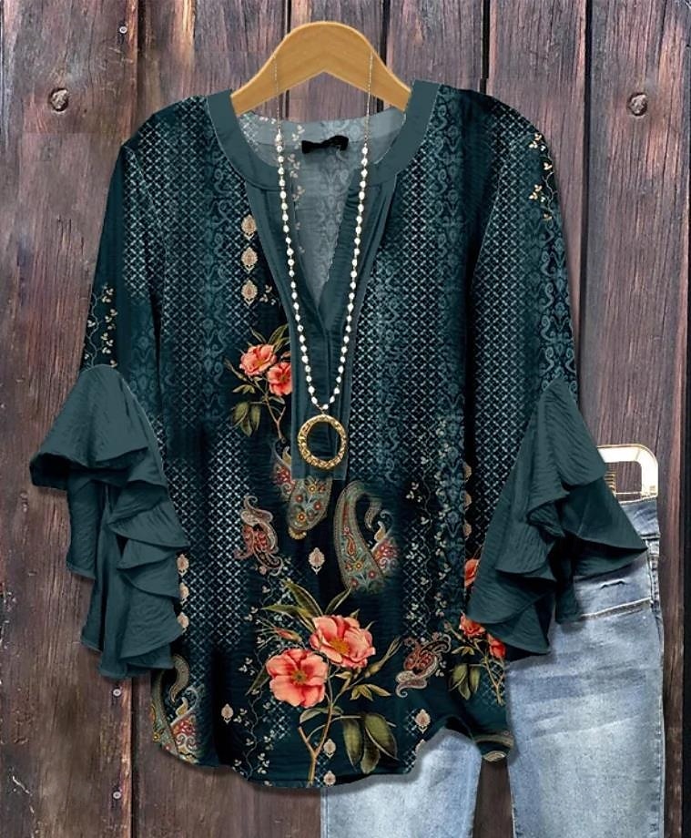 Dámská retro blůza s vrstvenými volány vintage květinová grafika bohémská vintage každý den 3/4 délka rukávu klasické topy na běžné nošení prázdninové oblečení tisk bílá modrá hnědá léto jaro 2025 - $29.99 –P3
