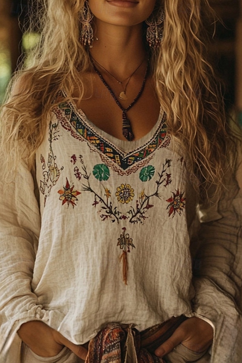 Femmes Chemisier occidental Chemise Bohème Chemisier Fleur Moderne Occasionnel manche longue Col en V Hauts Réguliers Quotidien Fête Sortir Imprimé Abricot Été de 2025 ? $25.99 –P1