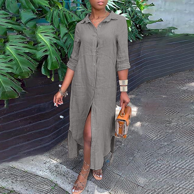 Per donna Abito Midi Abito Camicia Abito in cotone e lino Classico Moderno All'aperto Uscire Weekend Vestibilità regolare Semplice Manica Lunga Colletto a Camicia Bianco Blu marino Marrone Grigio del 2025 a $32.99 –P5