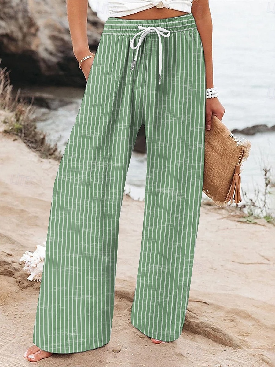 Per donna Gamba larga Chinos Pantaloni Larghi Vacanza Vintage Moda Lunghezza intera Vita Alta Grafico A righe Stampa Micro-elastico Formale Vacanza Streetwear Viola Rosso rubino Verde Estate Primavera del 2025 a $24.99 –P3