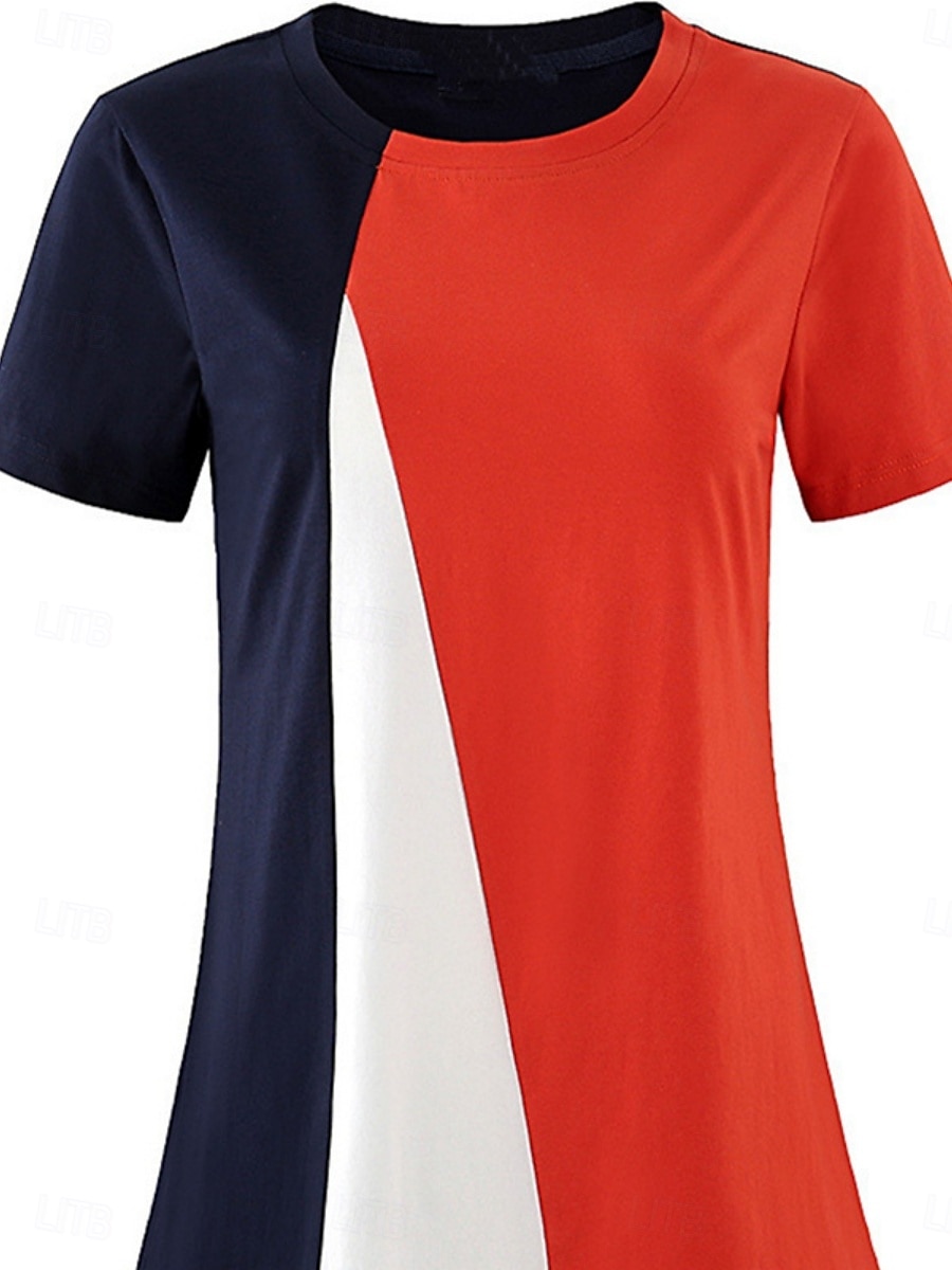 Dame Bluse Geometrisk Fargeblokk Stilfull Fritid Kortermet Crew-hals Vanlige topper Daglig Trykt mønster Svart Gul Blå Oransje Brun Sommer 2025 - $13.99 –P1