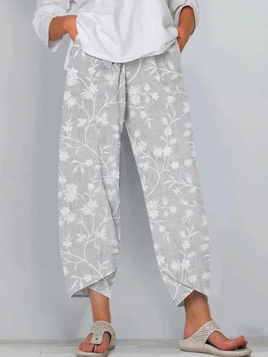 Women's Wide Leg Chinos Baggy Pants Vacation Vintage Ethnic Style Ankle-Length High Waist Floral Graphic Printing Thermal Warm Breathable Soft Micro-elastic Formal Vacation Street Beige Gray Summer 2025 - $20.99 –P2