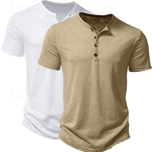 Confezione da 2 magliette da uomo, maglietta Henley, manica corta, tinta unita, stile semplice, moderno, contemporaneo, con bottoni, stile Henley, per le vacanze, stile casual, estivo. del 2025 a $27.99 –P7