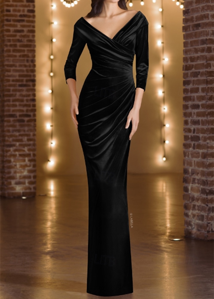 Sammet Meerjungfrau  Trompete Abendkleid Elegantes Kleid Formelle Hochzeit Bodenlang 3/4 Länge Ärmel Off-Shoulder Porträtkragen mit gerafften 2025 - $135.99 –P6