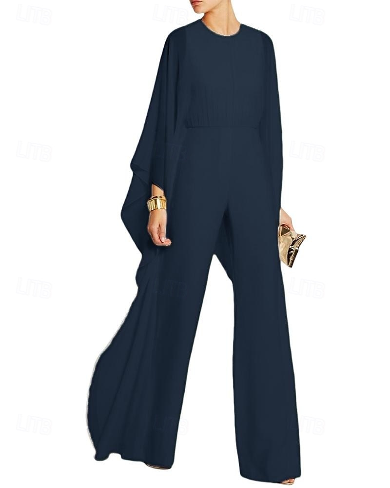 Combinaison cape  pantalon Robe mère de la mariée Élégante Simple Minimaliste Col rond Longueur de sol Chiffon Manches 3/4 avec fronces de 2025 ? $139.99 –P5