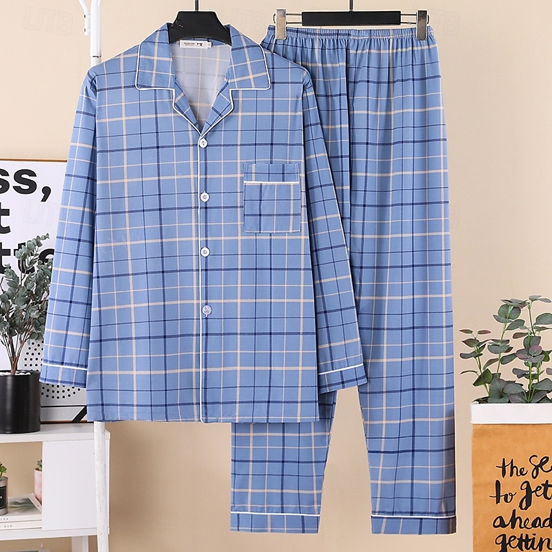 Homens Roupa de Dormir Conjunto de Pijama Top e calça de pijama 1conjunto Xadrez Moda à moda Clássico Casa Diário De Cama Poliéster Conforto Macio Lapela Manga Longa Cardigã Calça Cintura elástica de 2025 por $21.99 –P1