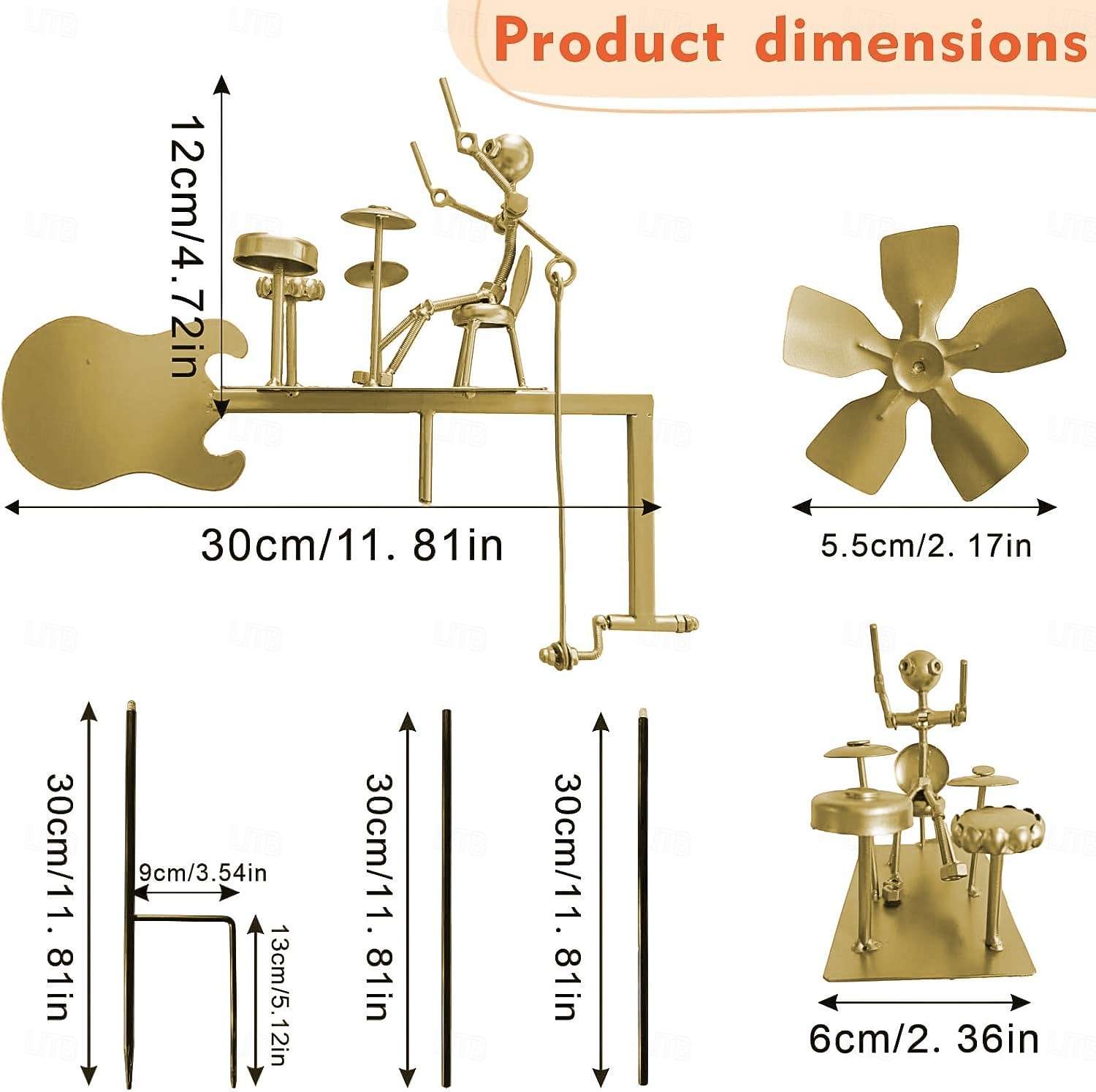 handgjord metalltrummis vindkvarn trädgårdssnurra, musikalisk vindskulptur i metall med gitarrdesign, trädgårdsdekor för utomhusbruk, vinddriven kinetisk konstpresent för män 2026 - $28.99 –P3