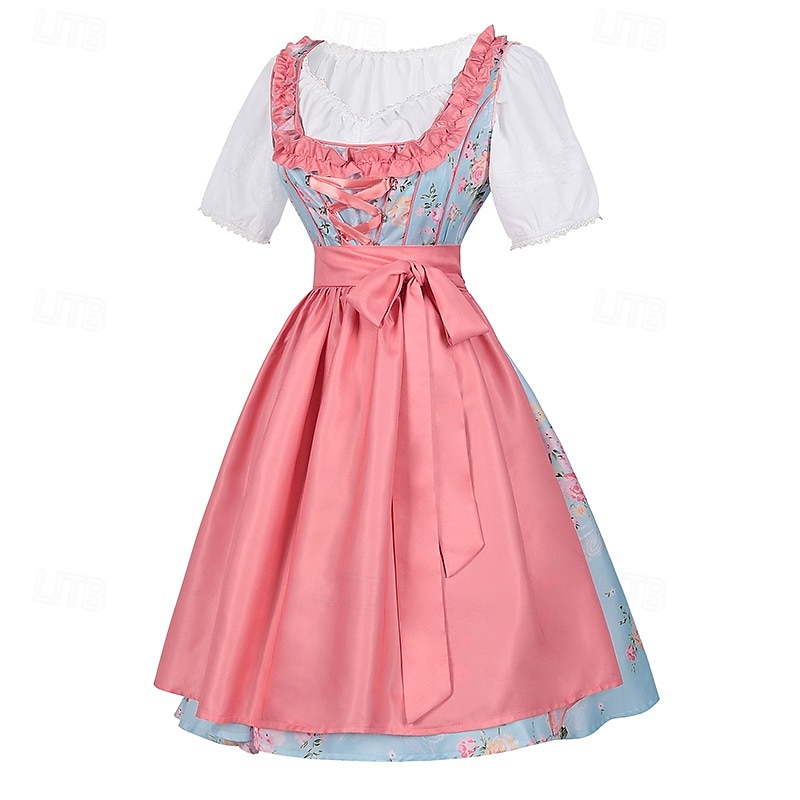 Rochie de dirndl cu flori pentru femei cu șorț roz și bluză pentru festivalul de bere Oktoberfest Wiesn 2025 - $59.99 –P3